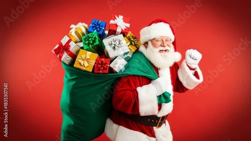 Santa Claus joyfully carrying a sack full of Christmas gifts and presents, ready to spread holiday cheer