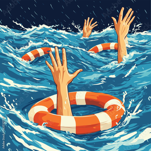 Drowning hands reaching for life belts in stock market storm , vector style simple color