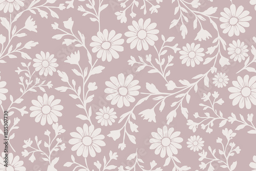 Elegant white daisy silhouettes and delicate botanical branches arranged over a muted mauve background, forming a soft, vintage-inspired seamless floral pattern perfect for decor and textiles.