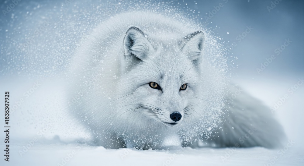 Obraz premium A resilient arctic fox, its pristine white fur covered in frost, battling a relentless blizzard close-up.