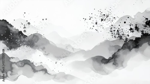 墨絵風 モノトーンの山並み スローズームアウト