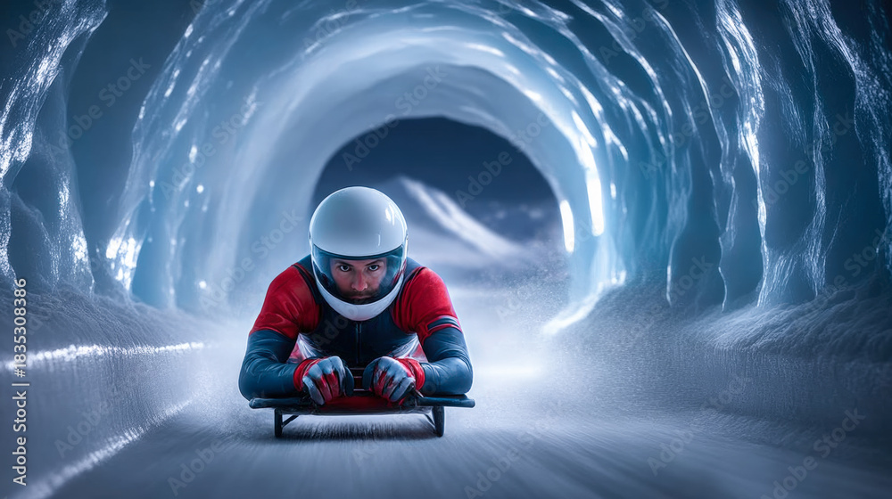 Fototapeta premium Luge athlete sliding through icy tunnel at high speed. Concept of track aerodynamics, winter racing technique, athlete performance visuals and sport documentation for editorial and analysis.