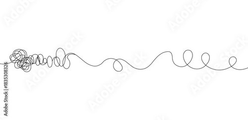 Abstract black dashed line evolving from a chaotic scribble to a smooth, wavy path