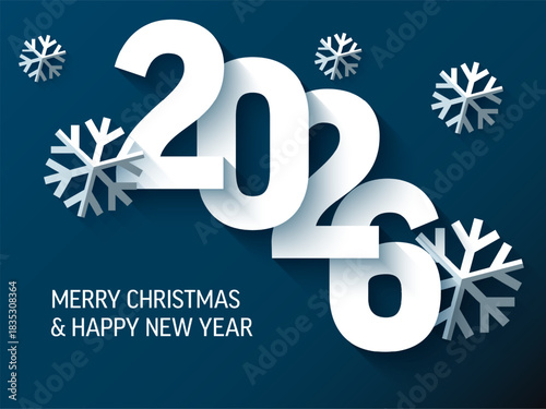A festive 2026 Christmas and New Year card design template featuring bold white numbers and elegant white snowflakes against a dark blue background. Card wishes Merry Christmas and Happy New Year 2026