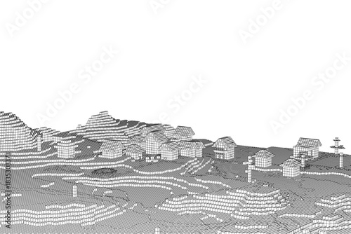 Ancient Babylon reimagined in a low poly style with cube-shaped buildings on vast plains. The monochrome illustration features intricate geometric details and a minimalist village aesthetic under.