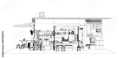 A minimalist contour drawing of a bustling food stall kitchen, featuring simple tables, stools, and racks stocked with various culinary objects.