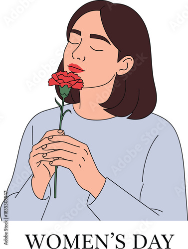 Women’s Day carnation tribute illustration—vector of serene person with red flower, blue shirt, and greeting text 