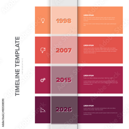 Vibrant vertical timeline infographic template showcasing key events with years, icons, and text descriptions. Timeline template is perfect for presenting chronological information in an engaging way