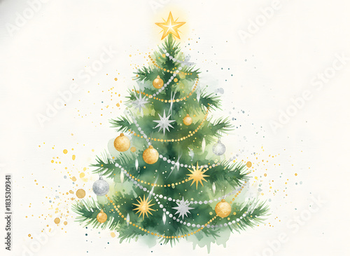 A festive watercolor Christmas tree decorated with gold and silver ornaments
