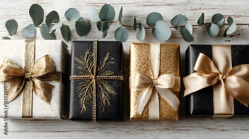 Gift boxes wrapped in gold and black paper with satin ribbons are arranged on a white wooden table with fresh green eucalyptus leaves.