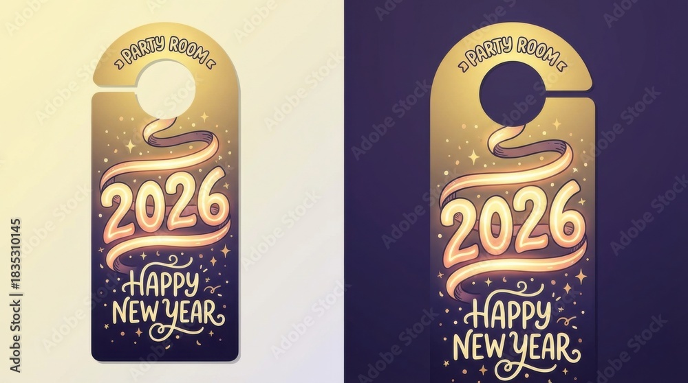 Fototapeta premium door hanger template for party room in sparkling style featuring elegant serif numbers 2026 surrounded by small shining stars for happy new year 2026 design template
