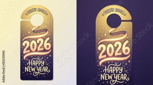 door hanger template for party room in sparkling style featuring elegant serif numbers 2026 surrounded by small shining stars for happy new year 2026 design template