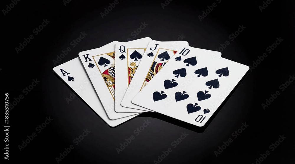 Obraz premium Royal flush poker cards hand black reflective background copy space gambling winning combination aces spades luxury casino game strategy luck concept banner promotion clean minimalist design