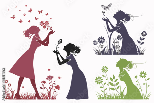set of Woman smelling flowers silhouette vector illustration 