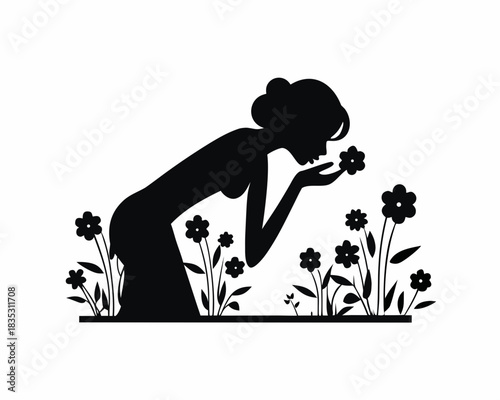 Woman smelling flowers silhouette vector illustration isolated on white background