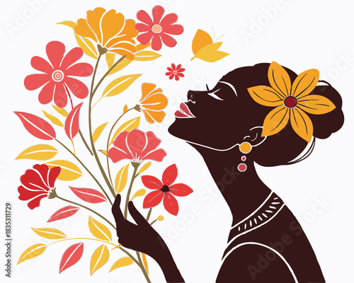Woman smelling flowers silhouette vector illustration isolated on white background