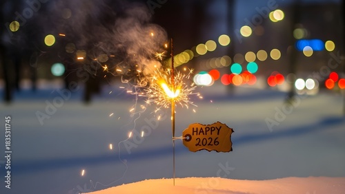 Fototapeta Naklejka Na Ścianę i Meble -  A dazzling sparkler burns brightly in a snowy night, illuminating a small tag reading 