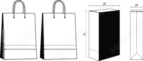 Minimalist black and white paper shopping bags with rope handles, front and side view dimensions of 20x12, isolated template for branding and packaging design.