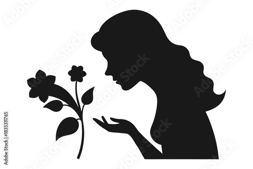 Woman smelling flowers silhouette vector illustration isolated on white background