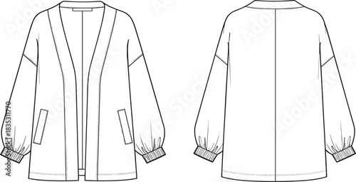 Oversized long-sleeve knit cardigan with bubble sleeves, front and back view vector technical drawing template for fashion design and apparel illustration.