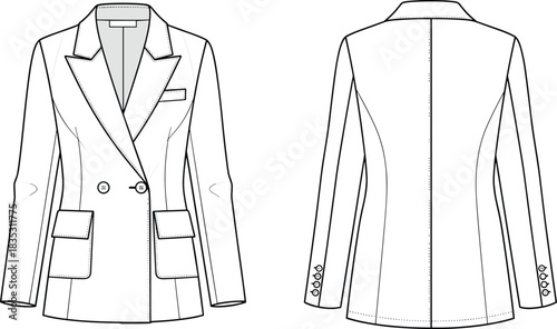Women's Classic Double-Breasted Fitted Blazer Fashion Technical Flat Sketch Template with Patch Pockets, Notched Lapels, and Back Seams Design Vector Illustration.