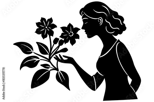 Woman smelling flowers silhouette vector illustration isolated on white background
