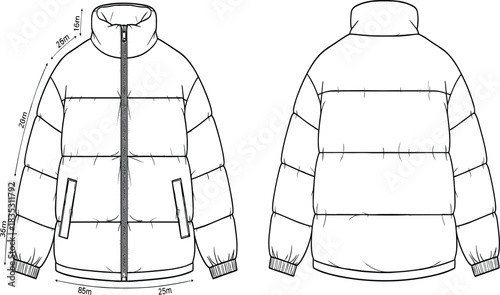 Puffer jacket technical fashion drawing, front and back view with dimensions, isolated vector template for winter apparel design and manufacturing.