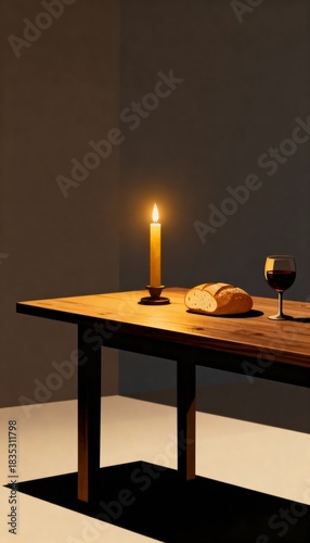 Candle, bread, and chalice with wine on a table, symbolic Christian religious scene, representing Eucharist and faith, perfect for Christian, religious, inspirational