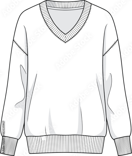 Classic V-neck sweater fashion flat, clean knit pullover illustration with ribbed cuffs and hem for apparel design reference