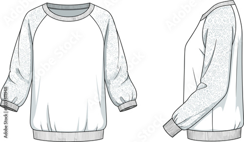 Crewneck sweatshirt fashion flat, vector apparel illustration featuring leopard patterned sleeves with ribbed edges shown in front and side views