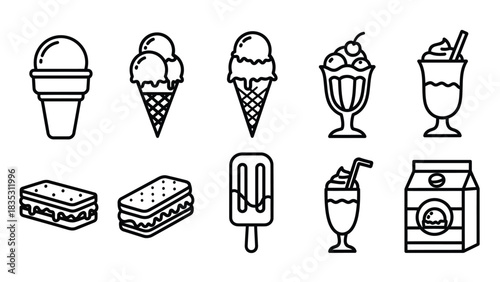 Ice Cream and Frozen Treats Icons Set ice cream, cone, sundae, popsicle, milkshake, ice