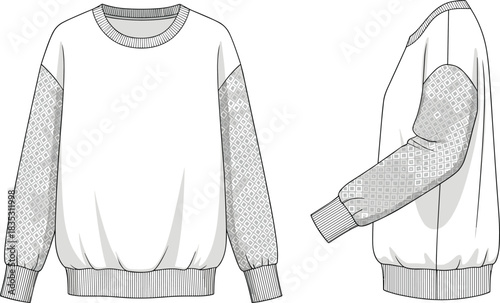Crewneck sweatshirt fashion flat, vector apparel illustration featuring patterned sleeves and ribbed edges with front and side views