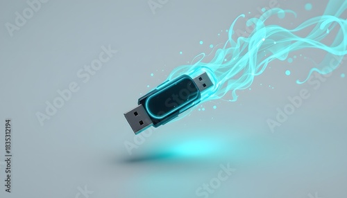floating usb flash drive with teal glowing trails, pure white clean background.