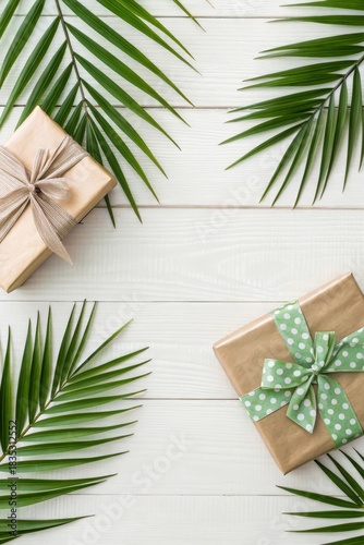 Beach Holiday Still Life – Exotic Palm Leaves and Wrapped Gifts on Light Wooden Table