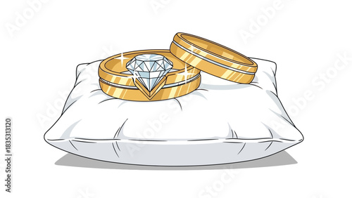 Elegant gold engagement and wedding bands with a sparkling diamond, resting on a satin ring bearer pillow for a ceremony