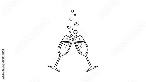 Minimalist line art illustration depicting two champagne flutes clinking, with effervescent bubbles, perfectly symbolizing celebration, toasts, and special festive moments