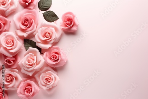 A beautiful arrangement of soft pink roses on a light pink background, creating a romantic and elegant atmosphere.