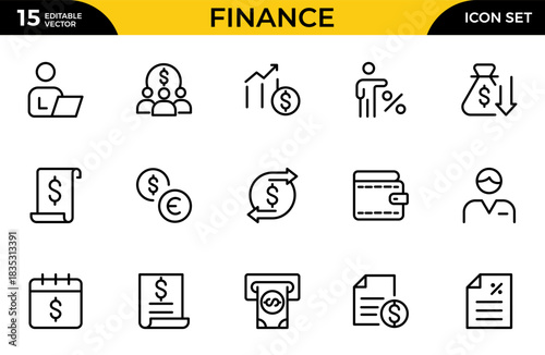 Finance line icon set with money, bank, exchange, payment, wallet, deposit, piggy, calculator, web, and more. Thin outline icons pack. Vector illustration