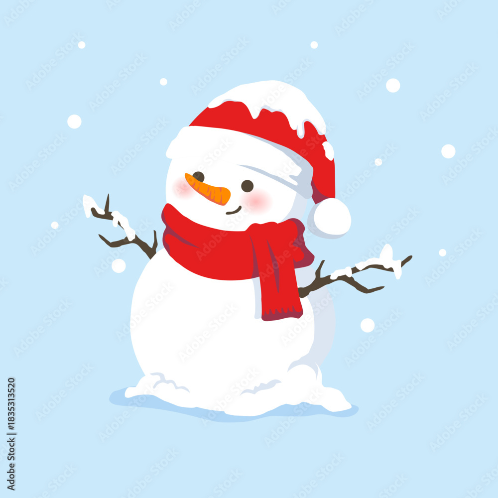 Fototapeta premium Cute Cartoon Snowman wearing a red knit hat and Scarf Winter Illustration, This festive character design is perfect for holiday greetings, winter season decorations, Christmas projects.