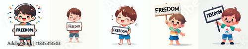 vector of a little boy holding a sign that says "Freedom"