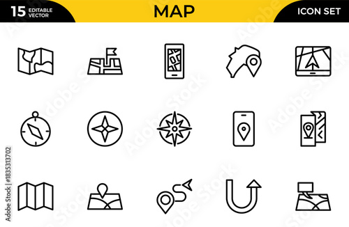 Map outline icon set. Containing location, GPS, navigation, city map, atlas, route, direction, pin and more. Thin outline icons pack. Vector illustration