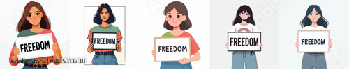 vector of a woman holding a sign that says "Freedom"