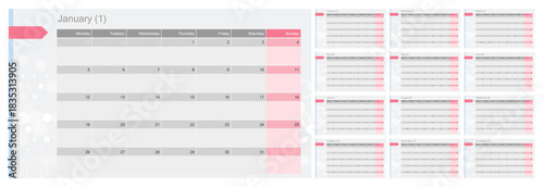 Minimalist monthly calendar template featuring January to December layout with clean grid, pastel accents, weekday columns designed for planners, scheduling, time management and print or digital use.