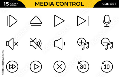 Media Control Line Icon Set. A program, movie, and other visual media product featuring moving images. Thin outline icons pack. Vector illustration