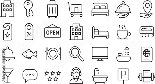 Hotel and travel icons showcase various amenities and services including accommodation dining transportation and recreation for a comfortable and convenient stay experience