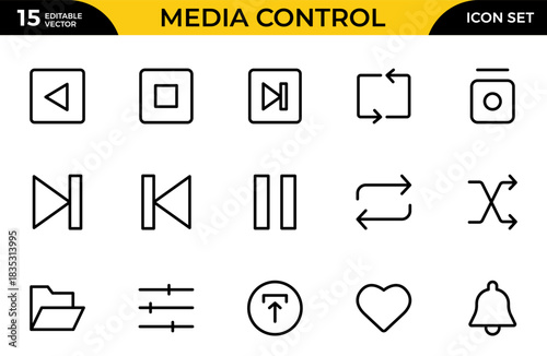 Media Control Line Icon Set. A program, movie, and other visual media product featuring moving images. Thin outline icons pack. Vector illustration