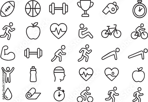Collection of fitness and sports icons including running weightlifting cycling and healthy eating perfect for gym promotions and healthrelated designs and wellness campaigns.