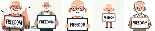 vector of a grandfather holding a sign that says "Freedom"