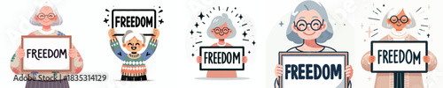 vector of a grandmother holding a sign that says "Freedom"