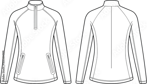 Athletic quarter-zip pullover fashion flat sketch with long sleeves and zip pockets, detailed technical drawing for activewear designers and garment production